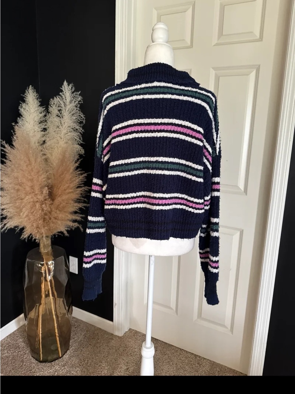 Free People Kennedy Striped Pullover Knit Sweater Navy Blue Pink Size Small - Picture 11 of 12